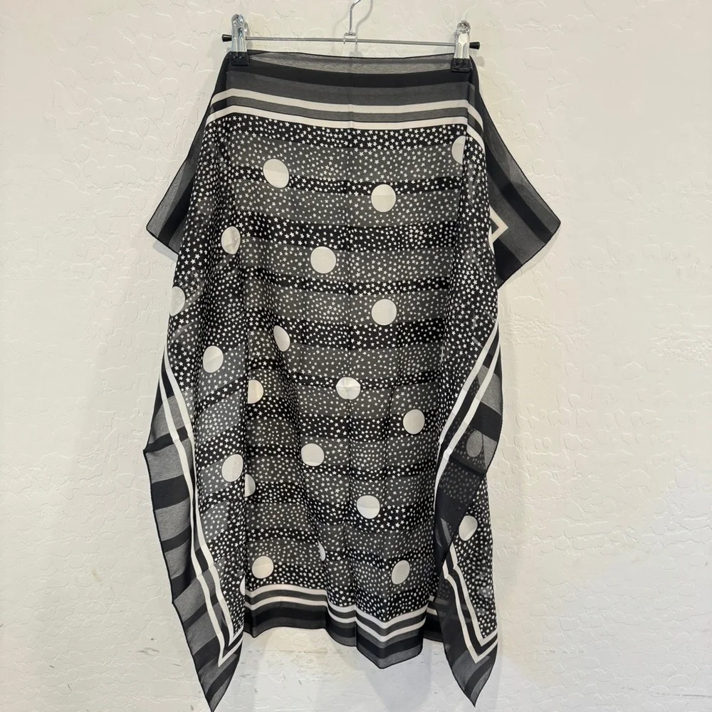 Silken Celestial Scarf Black White Moon Stars Sheer Italy Made Whimsigoth Witchy